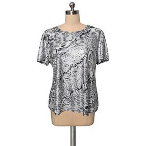 NYGARD Collection Metallic Silver Black Animal Print Shirt Top Petite L PL
